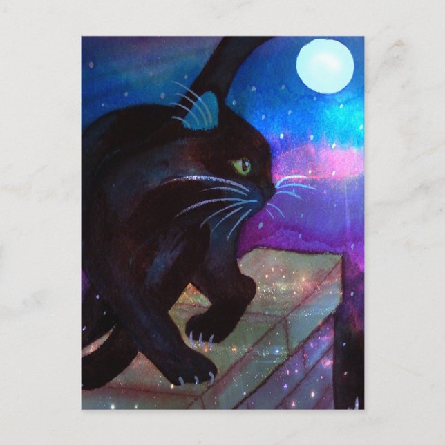 Schwarze Katze Vollmond Postkarte (Vorderseite)