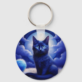 Schwarze Katze vor dem Hintergrund eines blauen Mo Schlüsselanhänger