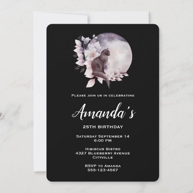 Schwarze Katze vor einem magischen Vollmond Geburt Einladung (Vorderseite)