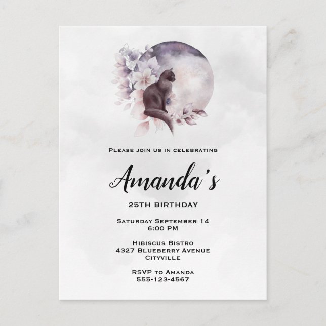 Schwarze Katze vor einem magischen Vollmond Geburt Einladungspostkarte (Vorderseite)