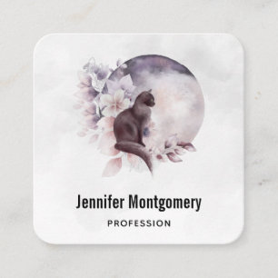 Schwarze Katze vor einem magischen Vollmond Quadratische Visitenkarte