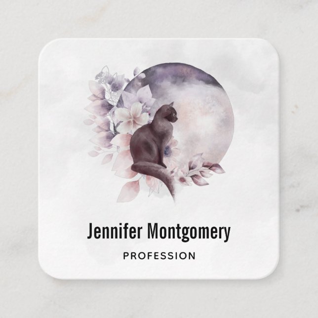 Schwarze Katze vor einem magischen Vollmond Quadratische Visitenkarte (Vorderseite)