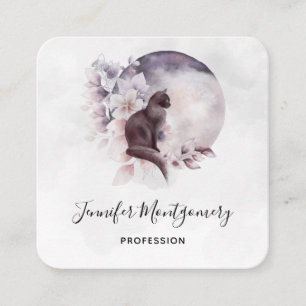 Schwarze Katze vor einem magischen Vollmond Quadratische Visitenkarte