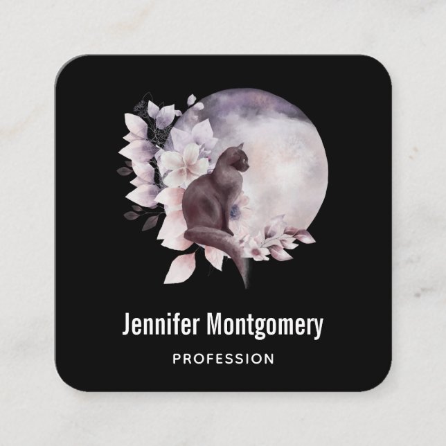 Schwarze Katze vor einem magischen Vollmond Quadratische Visitenkarte (Vorderseite)