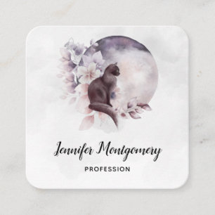 Schwarze Katze vor einem magischen Vollmond Quadratische Visitenkarte