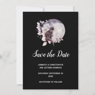 Schwarze Katze vor einer magischen Vollmondhochzei Save The Date