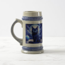 Schwarze Katze vor Mond und weiße Wolken Bierglas