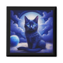 Schwarze Katze vor Mond und weiße Wolken