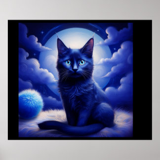 Schwarze Katze vor Mond und weiße Wolken Poster