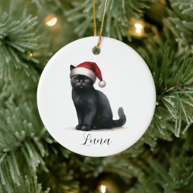 Schwarze Katze Wasserfarbe bei Feierliche Weihnach Keramik Ornament (Baum)