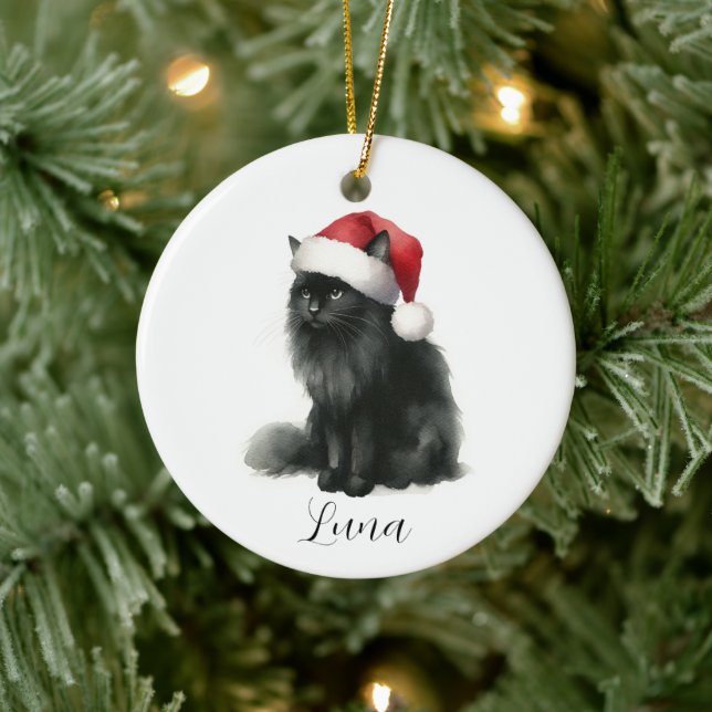 Schwarze Katze Wasserfarbe bei Feierliche Weihnach Keramik Ornament (Baum)