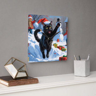 Schwarze Katze Weihnachten Festliche Schneelandsch Quadratische Wanduhr