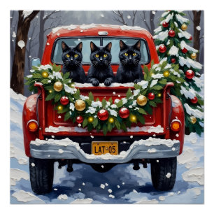 Schwarze Katze Weihnachten Rotes Lastwagen Ferien Poster