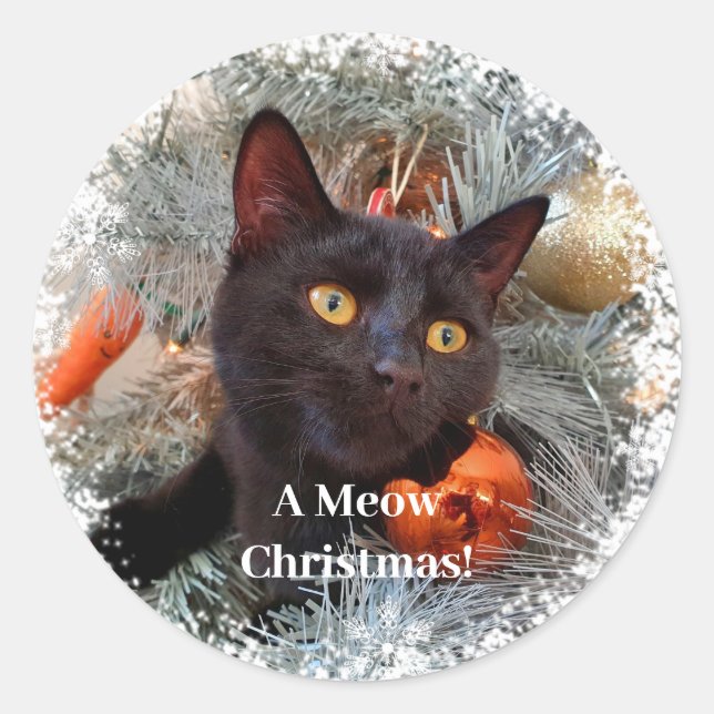 Schwarze Katze, Weihnachten Runder Aufkleber (Vorderseite)