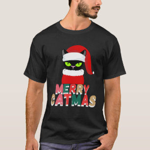 schwarze Katze Weihnachten Santa Hut T-Shirt