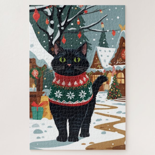 Schwarze Katze Weihnachten Schnee Urlaub Puzzle (Vertikal)