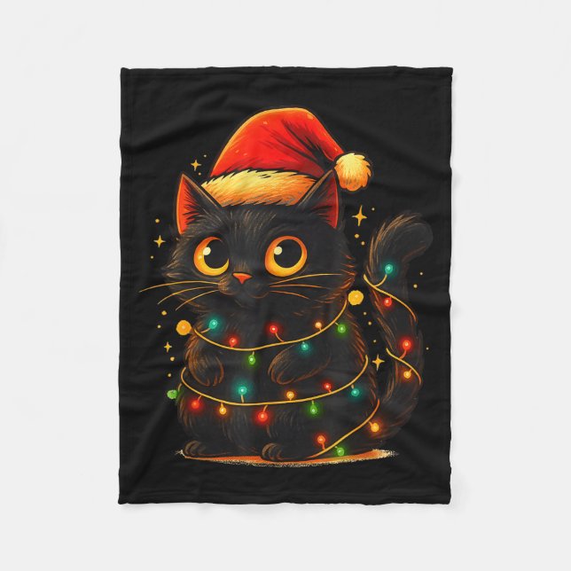 Schwarze Katze Weihnachtsbaum Lichter Lustiger San Fleecedecke (Vorderseite)