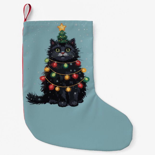 Schwarze Katze Weihnachtsbaum Ölgemälde verändert Kleiner Weihnachtsstrumpf (Vorderseite)