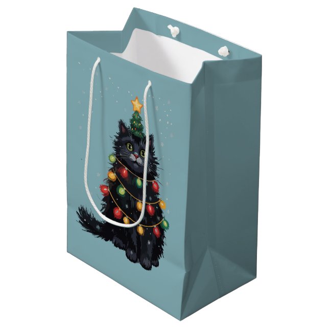 Schwarze Katze Weihnachtsbaum Ölgemälde verändert Mittlere Geschenktüte (Vorderseite Schrägansicht)