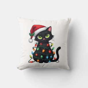 Schwarze Katze Weihnachtsbeleuchtung Santa Hut Lus Kissen