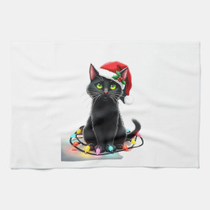 Schwarze Katze Weihnachtsbeleuchtung Weihnachtsman Geschirrtuch