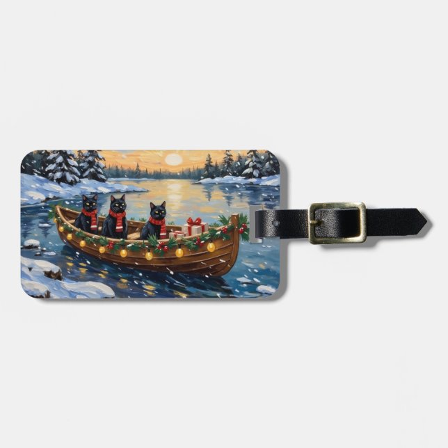 Schwarze Katze Weihnachtsboot Urlaub Gepäckanhänger (Vorderseite horizontal)