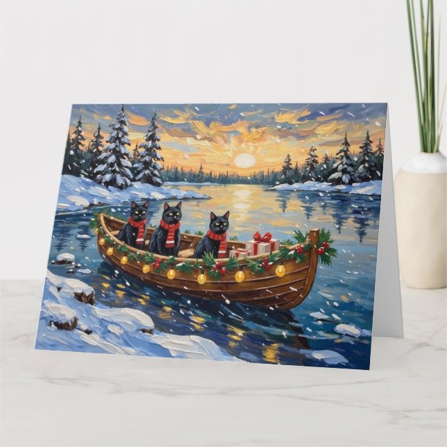 Schwarze Katze Weihnachtsboot Urlaub Karte (Vorderseite)