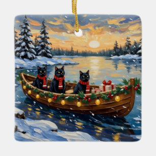 Schwarze Katze Weihnachtsboot Urlaub Keramikornament