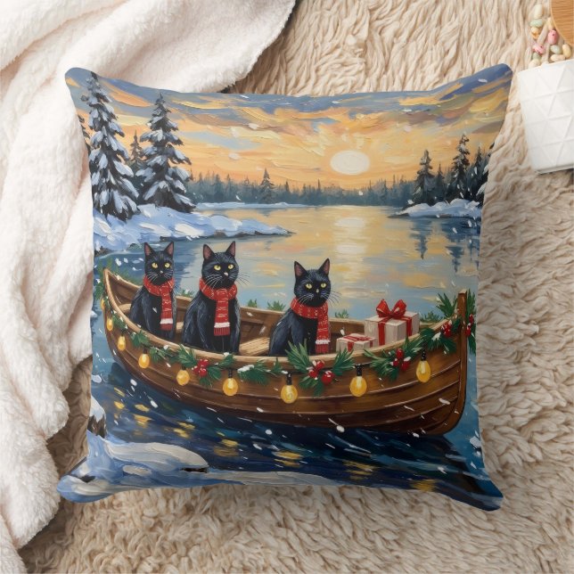 Schwarze Katze Weihnachtsboot Urlaub Kissen (Decke)