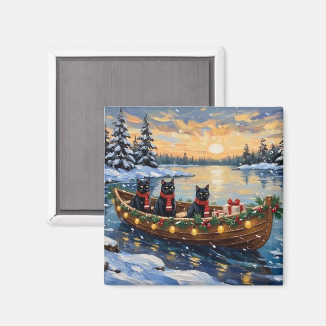 Schwarze Katze Weihnachtsboot Urlaub Magnet (Vorderseite/Rückseite)