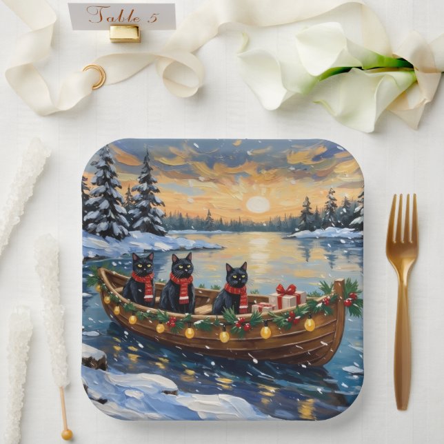 Schwarze Katze Weihnachtsboot Urlaub Pappteller (Hochzeit)