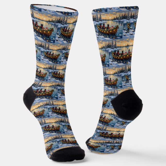 Schwarze Katze Weihnachtsboot Urlaub Socken (Gewinkelt)