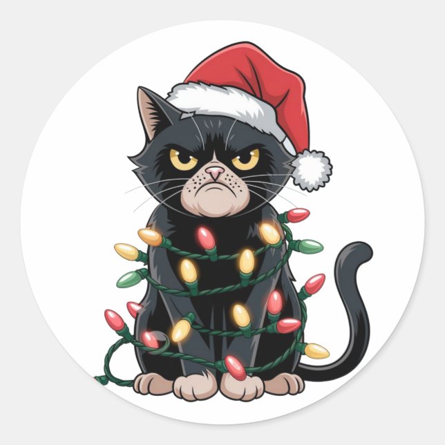 Schwarze Katze Weihnachtsedition Runder Aufkleber (Vorderseite)