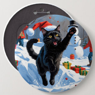 Schwarze Katze Weihnachtsfestliche Schneeszene Button