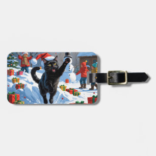 Schwarze Katze Weihnachtsfestliche Schneeszene Gepäckanhänger
