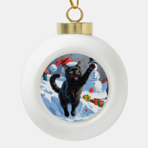 Schwarze Katze Weihnachtsfestliche Schneeszene Keramik Kugel-Ornament