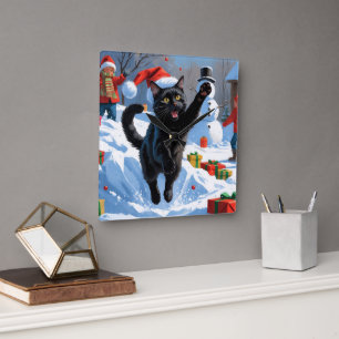 Schwarze Katze Weihnachtsfestliche Schneeszene Quadratische Wanduhr