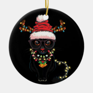 Schwarze Katze Weihnachtslicht mit Hornhaut Keramik Ornament