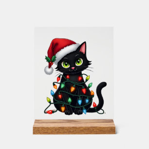 Schwarze Katze Weihnachtslichter Santa Hut Lustige Acrylschild