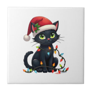 Schwarze Katze Weihnachtslichter Santa Hut Lustige Fliese