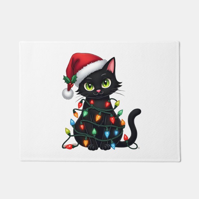 Schwarze Katze Weihnachtslichter Santa Hut Lustige Fußmatte (Vorderseite)