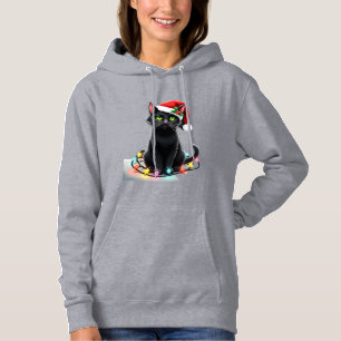 Schwarze Katze Weihnachtslichter Santa Hut Lustige Hoodie
