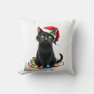 Schwarze Katze Weihnachtslichter Santa Hut Lustige Kissen