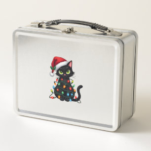 Schwarze Katze Weihnachtslichter Santa Hut Lustige Metall Brotdose