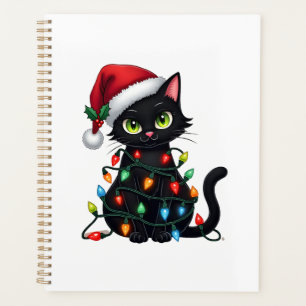 Schwarze Katze Weihnachtslichter Santa Hut Lustige Planer