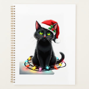 Schwarze Katze Weihnachtslichter Santa Hut Lustige Planer