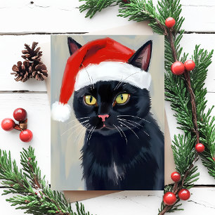Schwarze Katze Weihnachtsmalerei Santa Hut Feiertagspostkarte