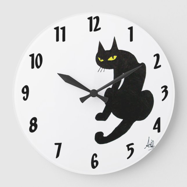 SCHWARZE KATZE weiß Große Wanduhr (Vorderseite)