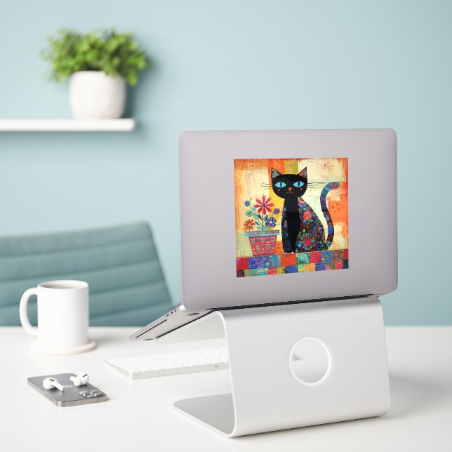 Schwarze Katze Whimsical Kunst Aufkleber (Laptop auf Schreibtisch)