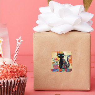 Schwarze Katze Whimsical Kunst Quadratischer Aufkleber